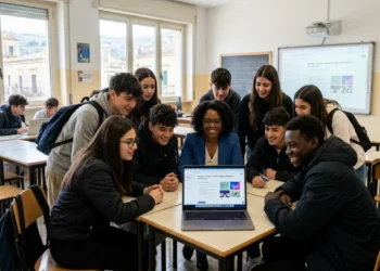 Studenti e docente scuola siciliana attorno a un laptop con interfaccia AI, progetto IA Sicilia 2025