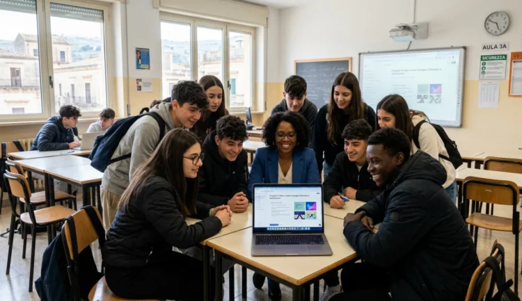 Studenti e docente scuola siciliana attorno a un laptop con interfaccia AI, progetto IA Sicilia 2025