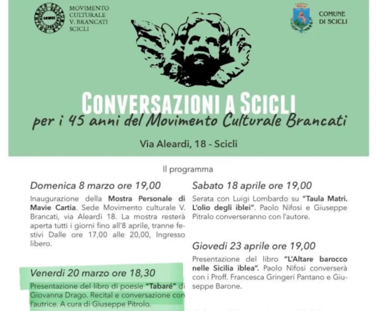Scicli, la poesia di Giovanna Drago protagonista al Movimento Brancati: si presenta Tabarè