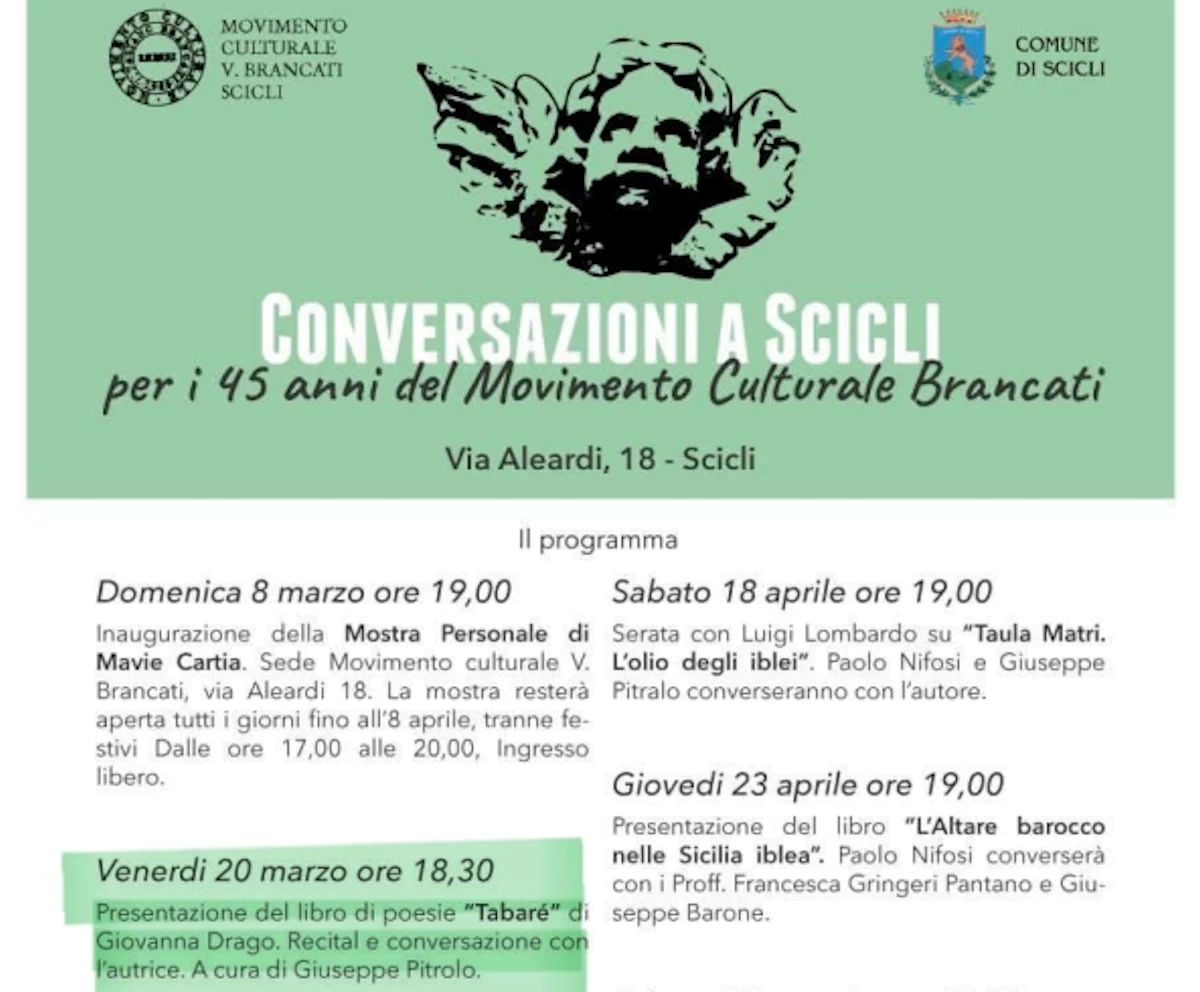 Scicli, la poesia di Giovanna Drago protagonista al Movimento Brancati: si presenta Tabarè