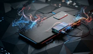 Un iPhone stilizzato con pixel dispersi che richiama il concetto di power bank in aereo e sicurezza.