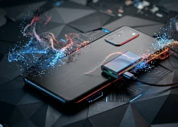 Un iPhone stilizzato con pixel dispersi che richiama il concetto di power bank in aereo e sicurezza.