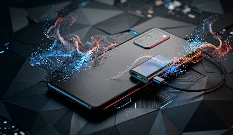 Un iPhone stilizzato con pixel dispersi che richiama il concetto di power bank in aereo e sicurezza.