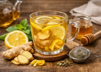 Ingredienti naturali e tazza fumante per preparare una tisana depurativa in casa con limone e zenzero.