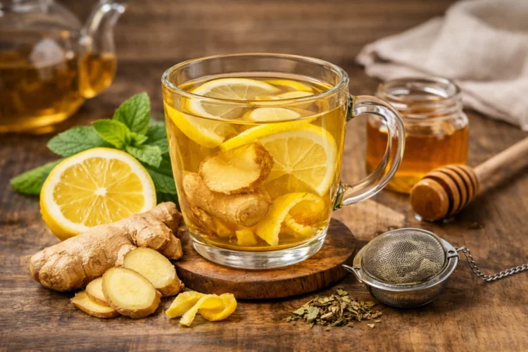 Ingredienti naturali e tazza fumante per preparare una tisana depurativa in casa con limone e zenzero.