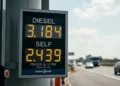 Display digitale dei prezzi del gasolio in autostrada con cifre record sopra i 3 euro.