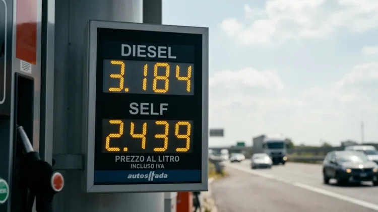 Display digitale dei prezzi del gasolio in autostrada con cifre record sopra i 3 euro.