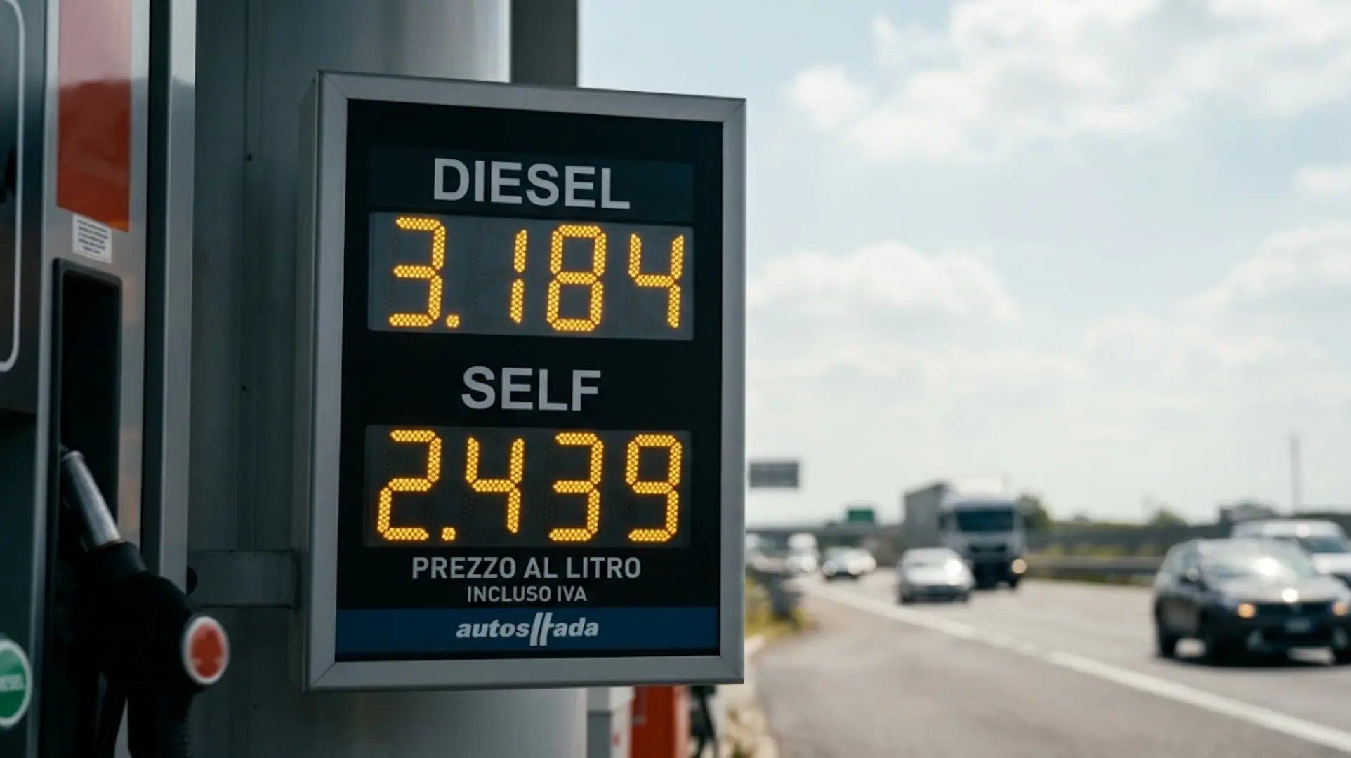 Display digitale dei prezzi del gasolio in autostrada con cifre record sopra i 3 euro.