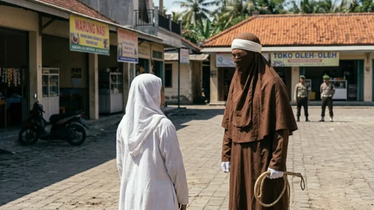 Banda Aceh durante una punizione corporale pubblica prevista dalla legge islamica della Sharia in Indonesia.