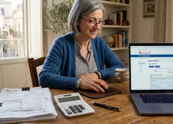 Persona che consulta la dichiarazione 730 precompilata 2026 sul computer di casa.