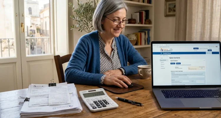 Persona che consulta la dichiarazione 730 precompilata 2026 sul computer di casa.