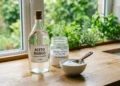 Bottiglia di aceto e acido citrico sul piano cucina, confronto tra detergenti naturali per le pulizie domestiche