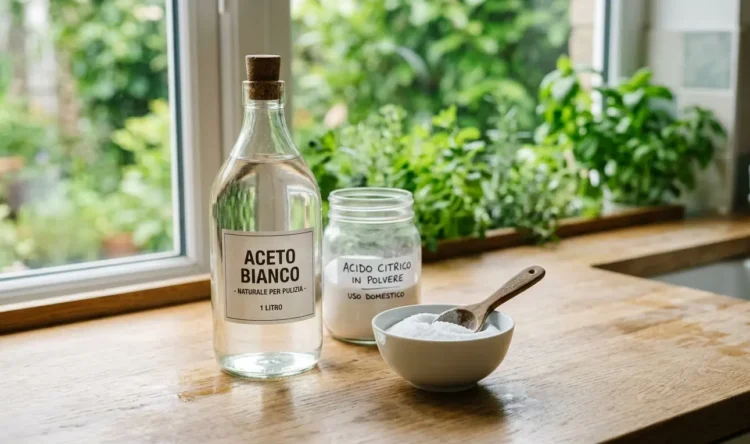 Bottiglia di aceto e acido citrico sul piano cucina, confronto tra detergenti naturali per le pulizie domestiche