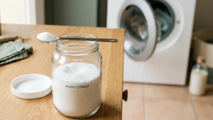 Barattolo di acido citrico in polvere con cucchiaio dosatore su piano cucina, utilizzato come decalcificante naturale per lavatrice