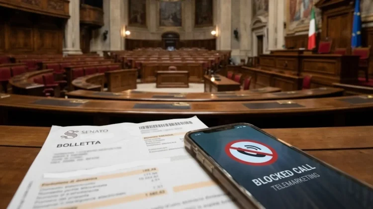 Aula del Senato durante la votazione del dl bollette con simboli di risparmio energetico.