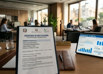 Documento ufficiale dell'Assegno di Inclusione su una scrivania di un ufficio pubblico.