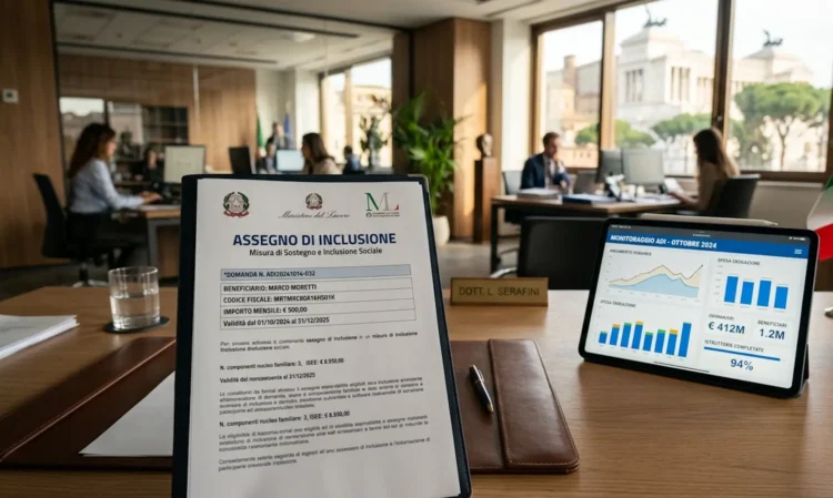 Documento ufficiale dell'Assegno di Inclusione su una scrivania di un ufficio pubblico.