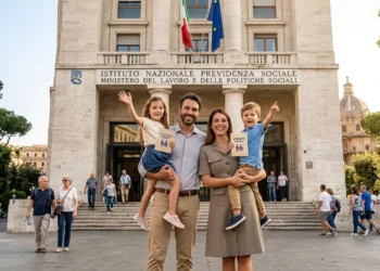 Famiglia sorridente davanti a un ufficio pubblico, a simboleggiare il supporto dell'Assegno Unico 2026