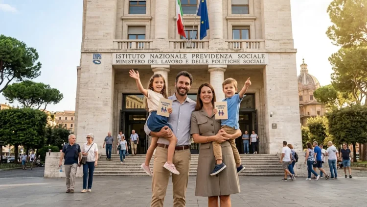 Famiglia sorridente davanti a un ufficio pubblico, a simboleggiare il supporto dell'Assegno Unico 2026