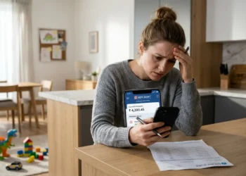 Genitore preoccupato controlla l'importo dell'Assegno Unico aprile 2026 sullo smartphone
