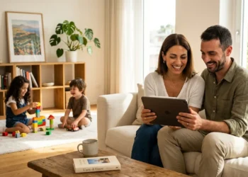 Famiglia italiana che consulta online il pagamento dell'assegno unico aprile 2026.
