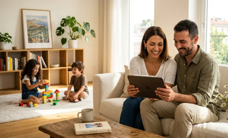 Famiglia italiana che consulta online il pagamento dell'assegno unico aprile 2026.