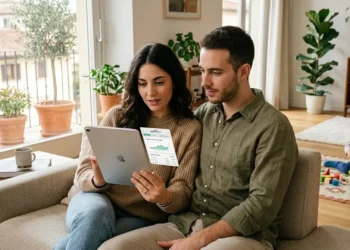 Una famiglia consulta i pagamenti dell'Assegno Unico aprile 2026 sul sito dell'INPS tramite tablet