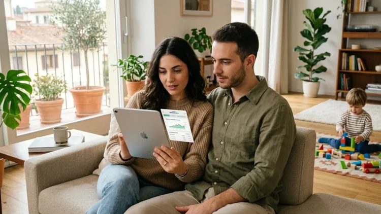 Una famiglia consulta i pagamenti dell'Assegno Unico aprile 2026 sul sito dell'INPS tramite tablet