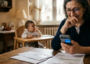 Madre con figlio controlla sul telefono la data di pagamento dell'Assegno Unico INPS di aprile 2026