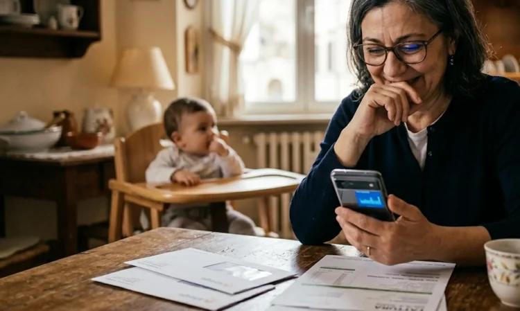 Madre con figlio controlla sul telefono la data di pagamento dell'Assegno Unico INPS di aprile 2026