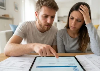 Famiglia controlla l'importo dell'assegno unico sul tablet con aria preoccupata