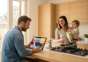 Una famiglia italiana in cucina che consulta i pagamenti dell'Assegno Unico sul tablet.