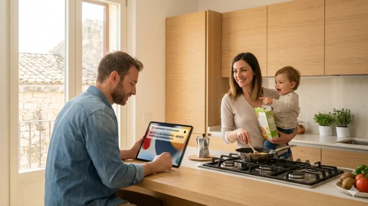 Una famiglia italiana in cucina che consulta i pagamenti dell'Assegno Unico sul tablet.