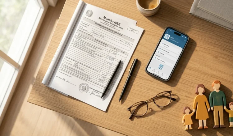 Documenti Isee e smartphone con applicazione Inps per la richiesta di aumento dell'Assegno unico
