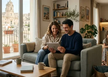 Una famiglia italiana consulta i pagamenti dell'Assegno unico su un tablet in un ambiente domestico luminoso