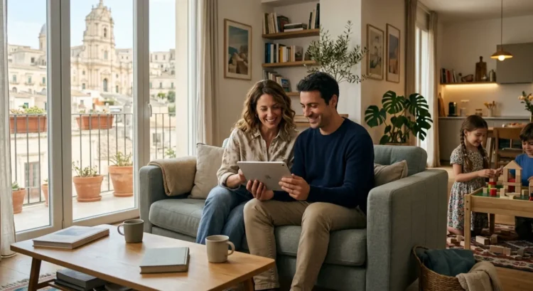 Una famiglia italiana consulta i pagamenti dell'Assegno unico su un tablet in un ambiente domestico luminoso