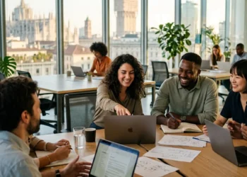 Giovani lavoratori in un ufficio moderno che rappresentano l'occupazione under 35 incentivata dal bonus giovani