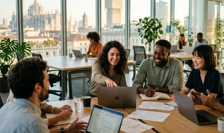 Giovani lavoratori in un ufficio moderno che rappresentano l'occupazione under 35 incentivata dal bonus giovani