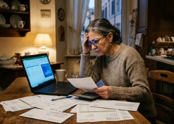 Donna che controlla le bollette di luce e gas dopo l'aumento di aprile 2026