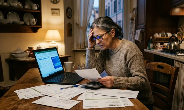 Donna che controlla le bollette di luce e gas dopo l'aumento di aprile 2026