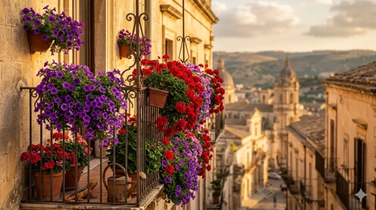 Composizione di gerani e petunie rigogliose su un balcone soleggiato durante l'estate.
