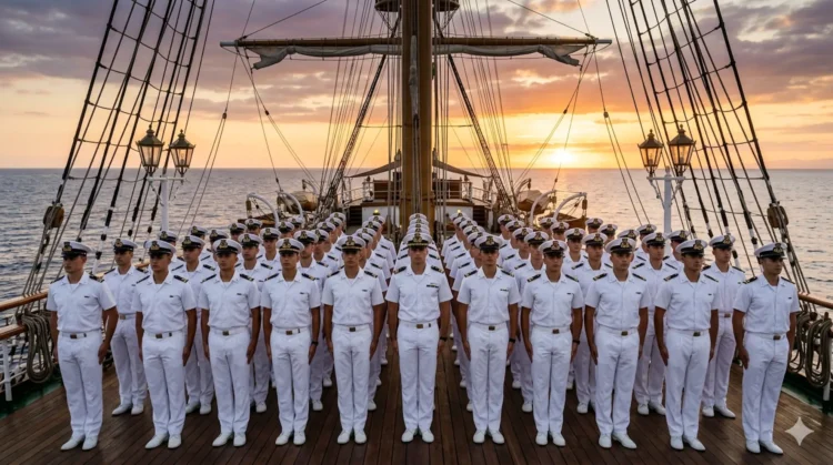 Allievi della Marina Militare durante una cerimonia ufficiale sul ponte di una nave