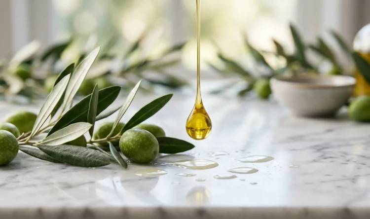 Goccia di olio extravergine di oliva dorato per trattamenti viso naturali