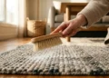 Persona che sparge bicarbonato di sodio su un tappeto per pulirlo a secco