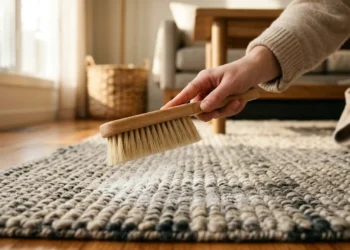 Persona che sparge bicarbonato di sodio su un tappeto per pulirlo a secco