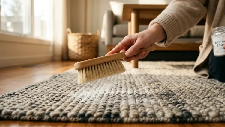 Persona che sparge bicarbonato di sodio su un tappeto per pulirlo a secco