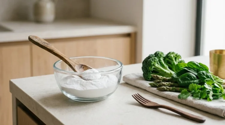 Una ciotola di bicarbonato di sodio utilizzata per le pulizie domestiche in cucina