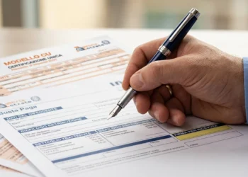 Una busta paga su una scrivania con una calcolatrice e una penna, simbolo della scelta tra stipendio e pensione