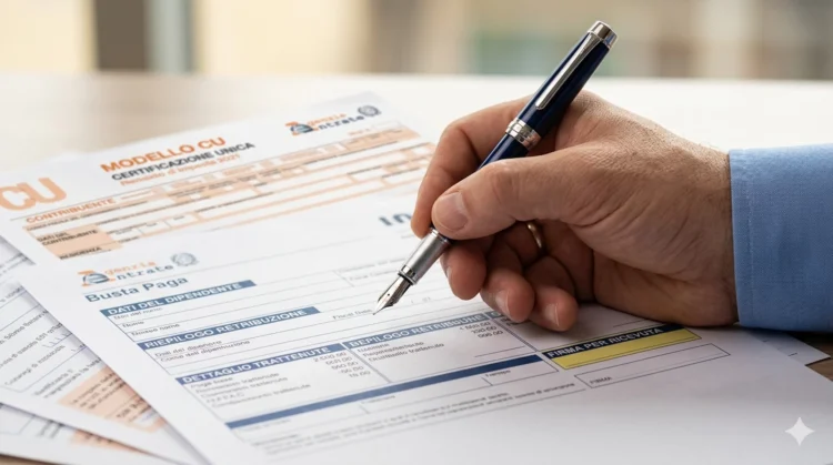 Una busta paga su una scrivania con una calcolatrice e una penna, simbolo della scelta tra stipendio e pensione