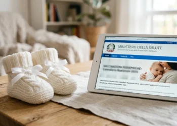 Dettaglio scarpine da neonato accanto a un dispositivo digitale per la domanda del Bonus nuovi nati